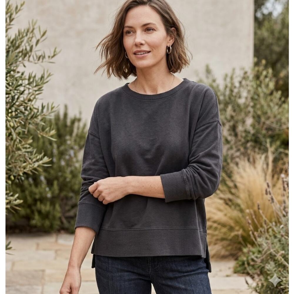 EILEEN FISHER Organic Cotton Stretch Crewneck Sweater Large Black Long Sleeve